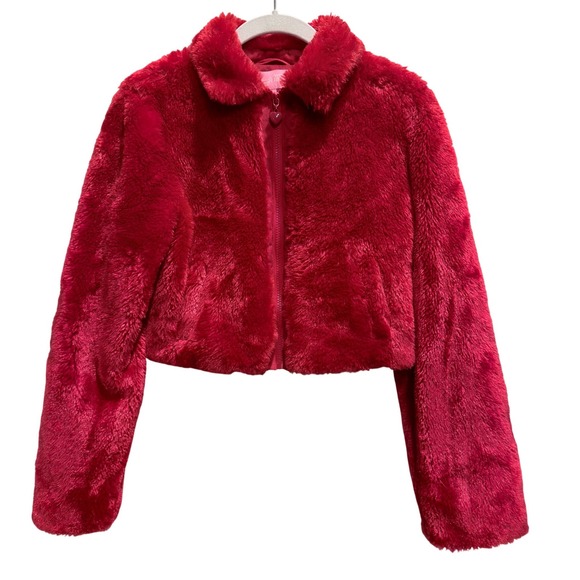 Sugar Thrillz Dolls Kill Red Faux Fur Cropped Jacket Heart Zipper AST20069 Small - Picture 2 of 10